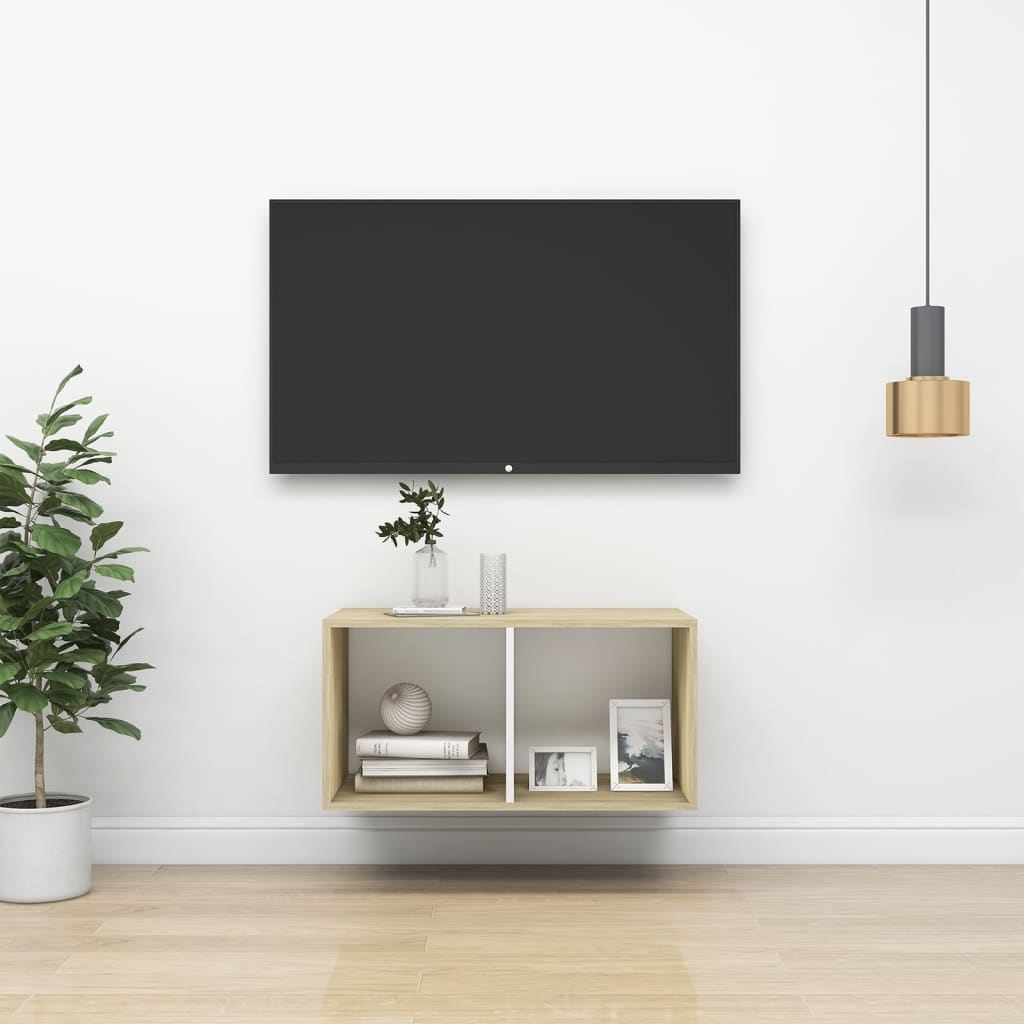 Meuble TV mural chêne Sonoma et blanc 37x37x72 cm matériau bois