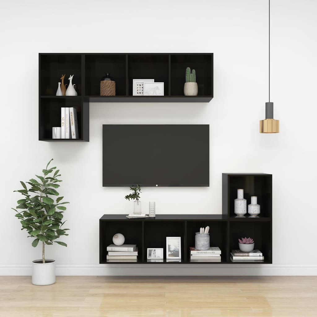 Meuble TV mural noir brillant 37x37x72 cm en bois