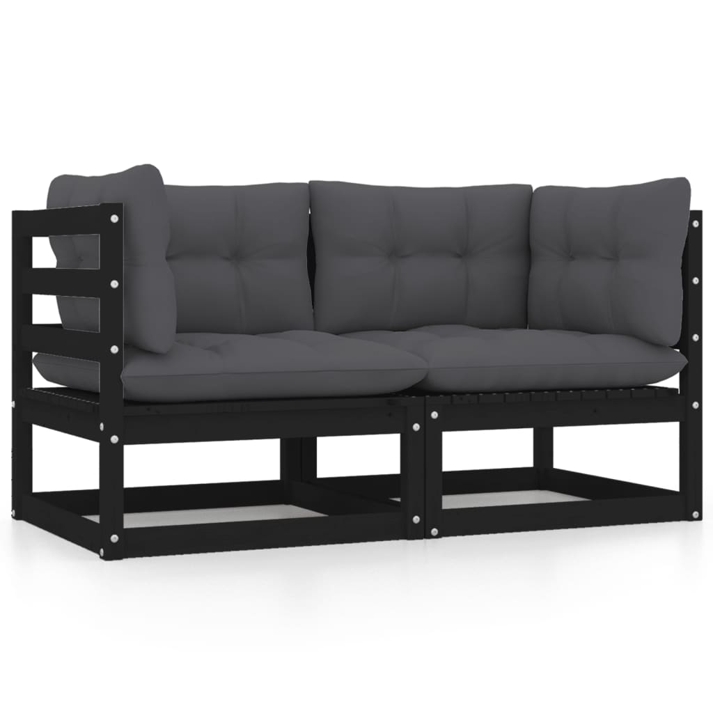 Gartensofa 2-Sitzer mit Kissen Schwarz Kiefer Massivholz