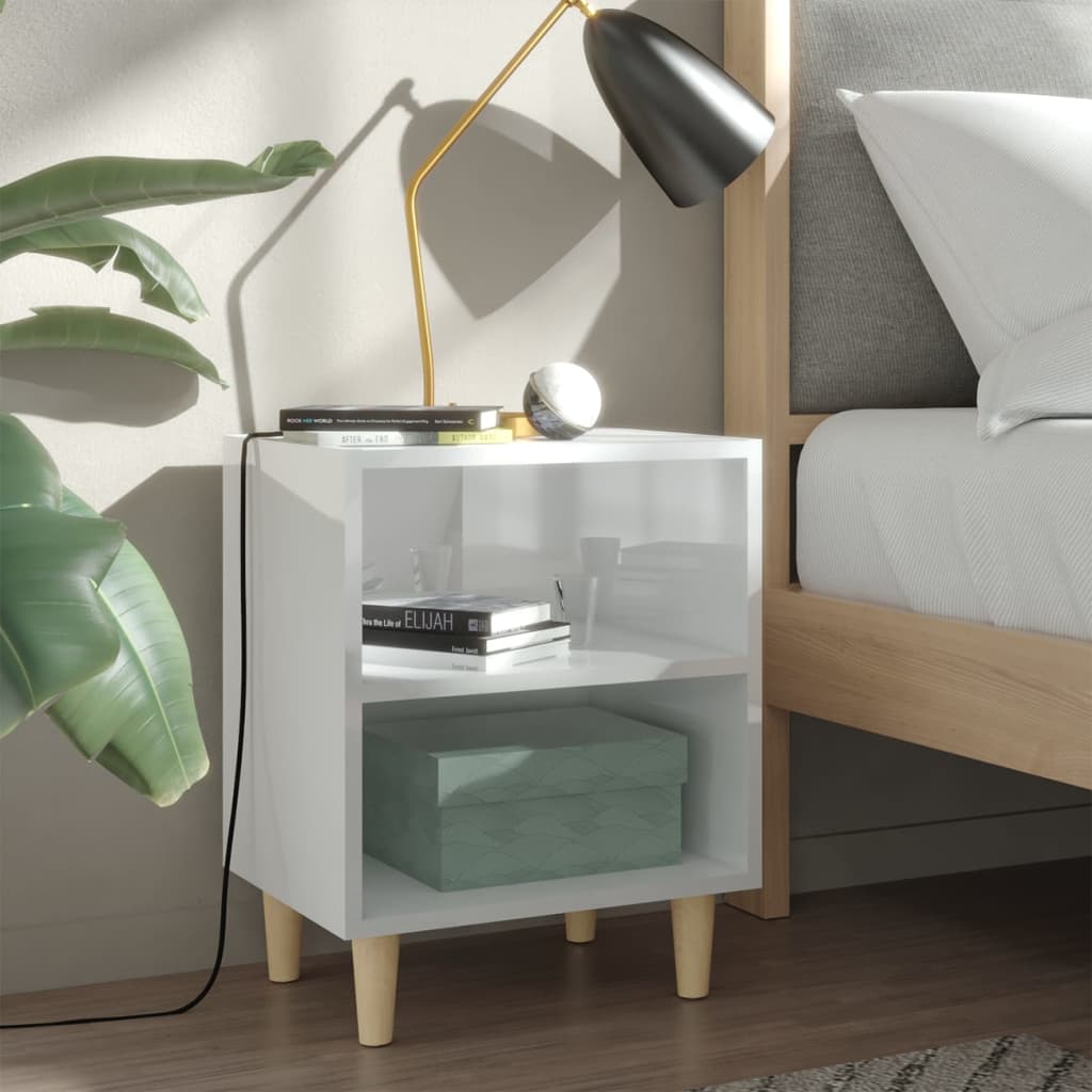 Bedside tables solid wood legs 2 pcs. High gloss white 40x30x50cm