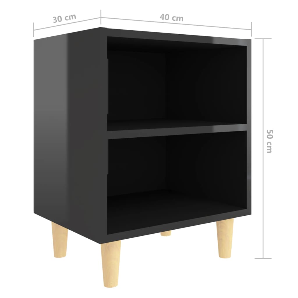 Bedside table with solid wood legs high-gloss black 40x30x50 cm