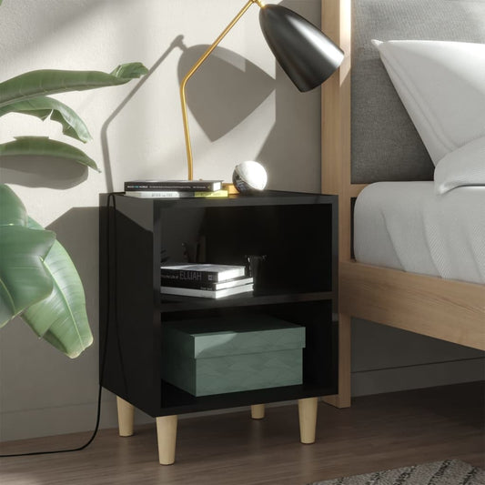 Bedside table with solid wood legs high-gloss black 40x30x50 cm