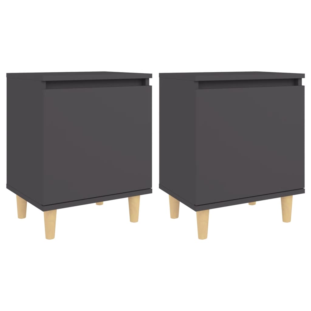 Tables de chevet avec pieds en bois massif, 2 pièces, gris, 40x30x50 cm