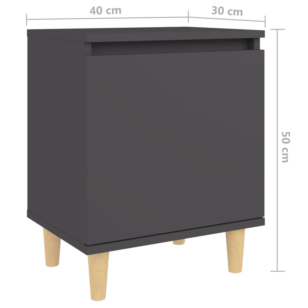 Tables de chevet avec pieds en bois massif, 2 pièces, gris, 40x30x50 cm