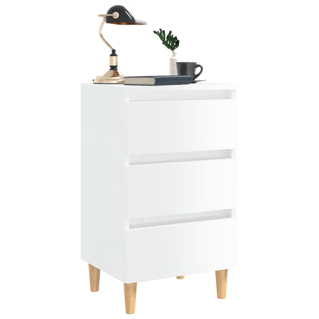 Bedside table with solid wood legs high gloss white 40x35x69 cm