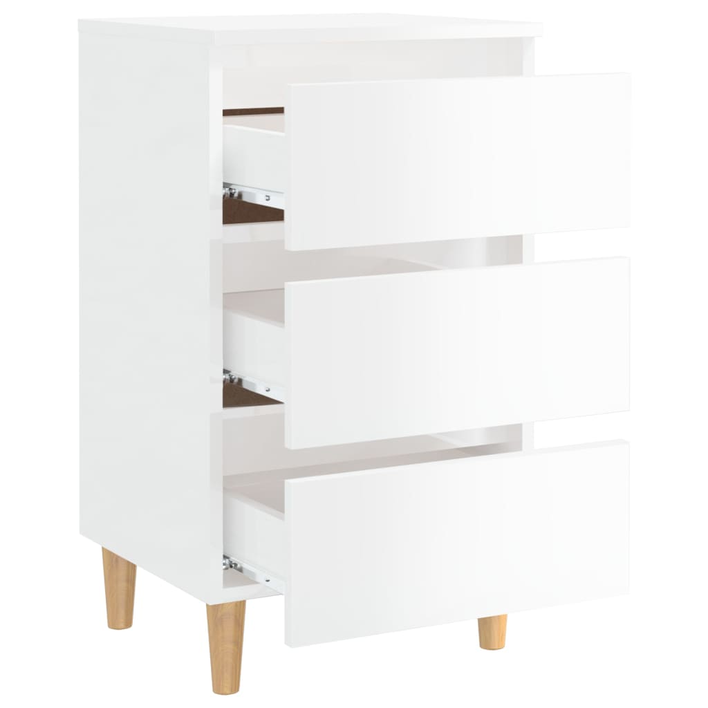 Bedside table with solid wood legs high gloss white 40x35x69 cm