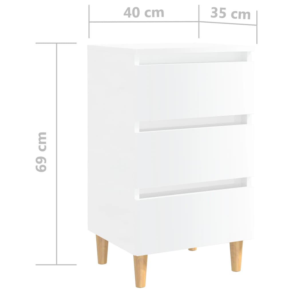 Bedside table with solid wood legs high gloss white 40x35x69 cm