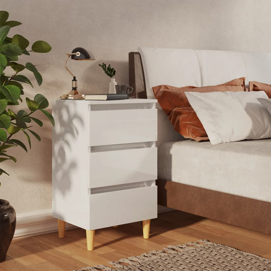 Bedside table with solid wood legs high gloss white 40x35x69 cm