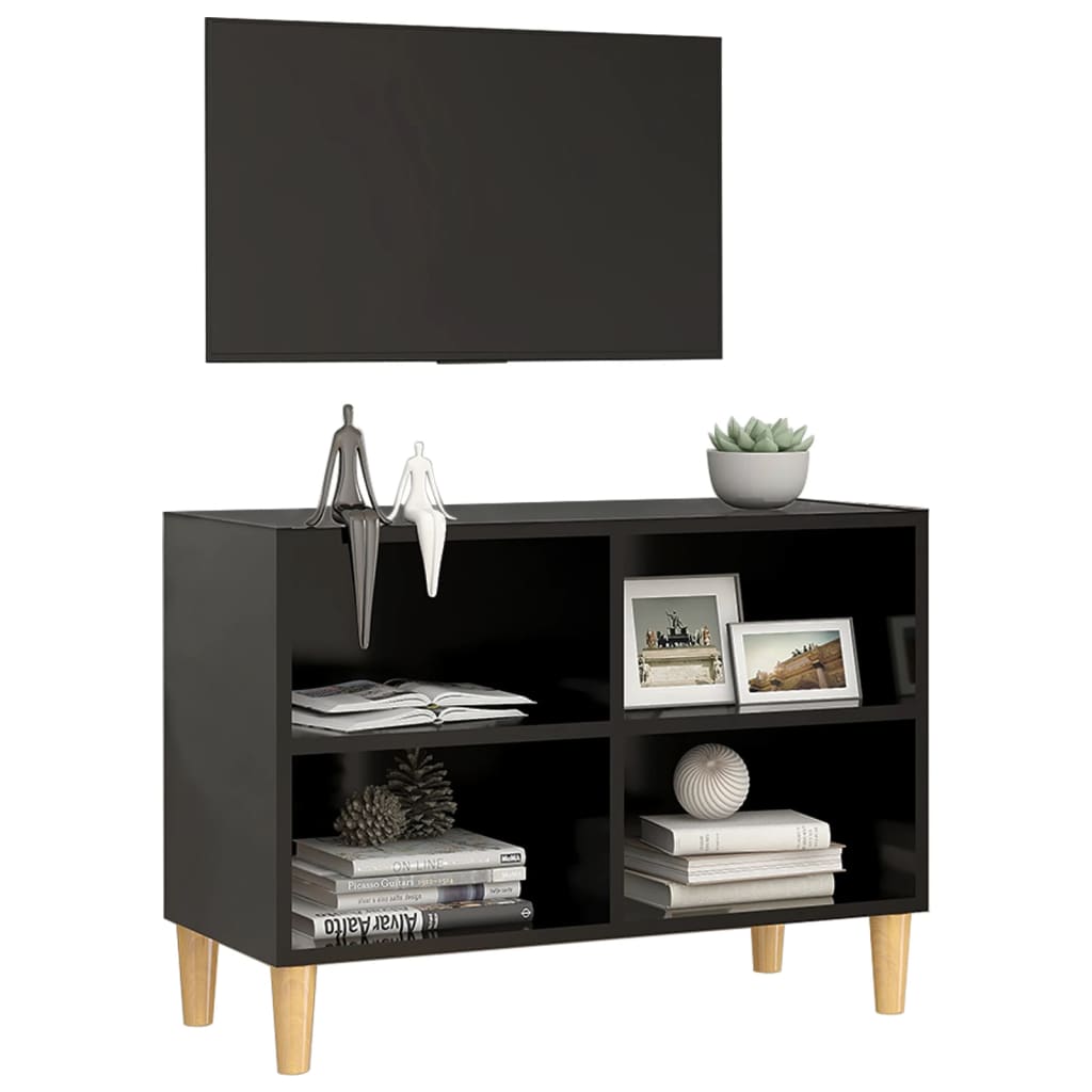 Meuble TV avec pieds en bois massif noir 69,5x30x50 cm