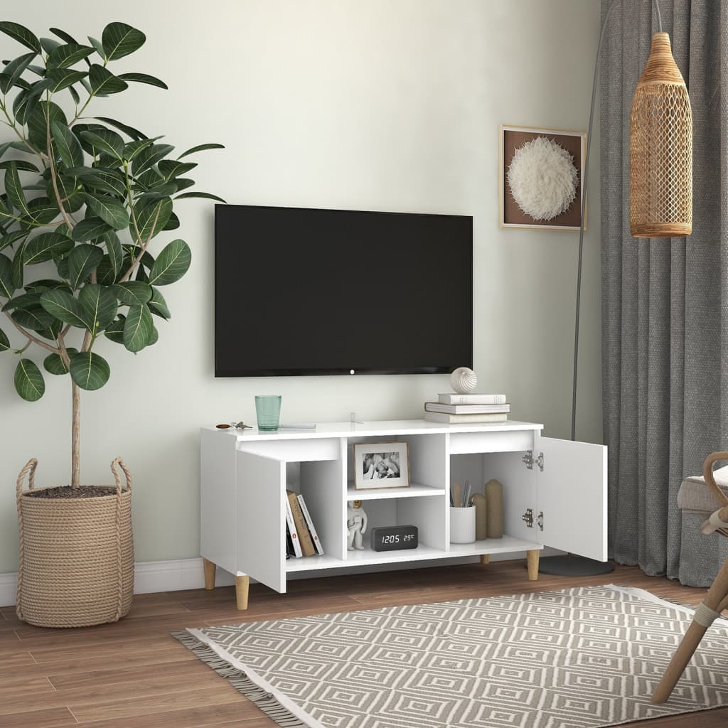 Meuble TV avec pieds en bois massif blanc 103,5x30x50 cm
