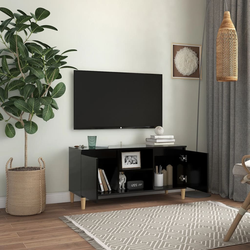 Meuble TV avec pieds en bois massif noir 103,5x35x50 cm