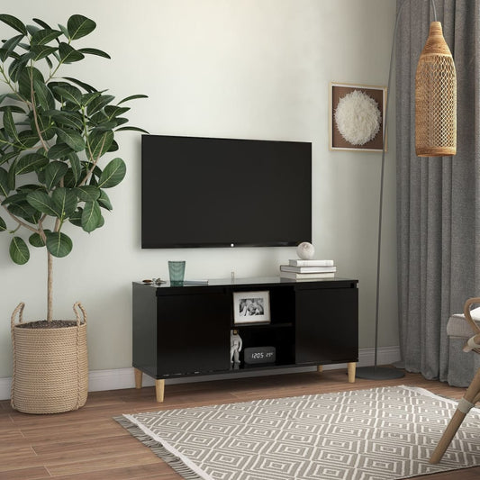 Meuble TV avec pieds en bois massif noir 103,5x35x50 cm