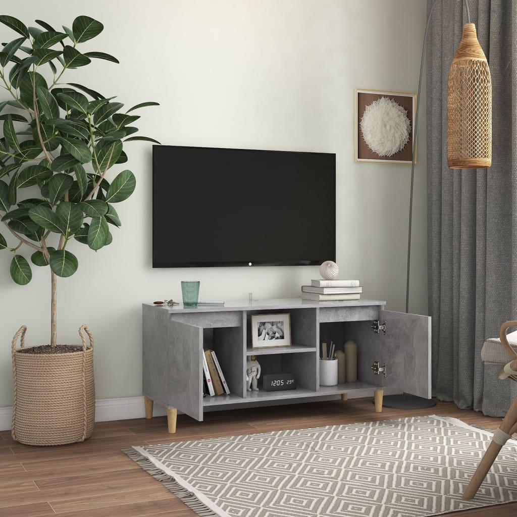 Meuble TV avec pieds en bois massif gris béton 103,5x35x50 cm