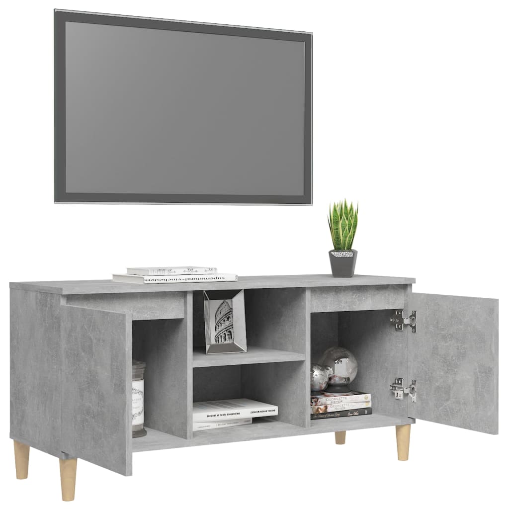 Meuble TV avec pieds en bois massif gris béton 103,5x35x50 cm