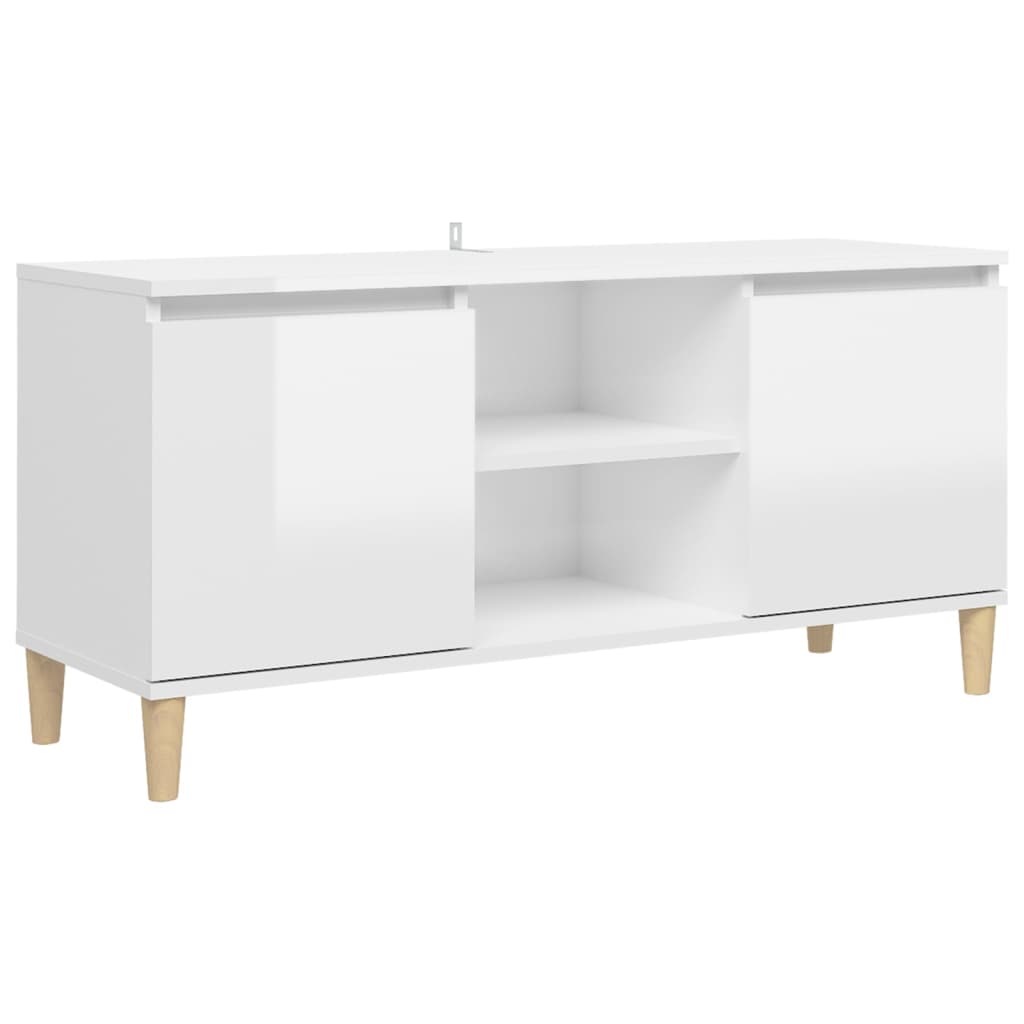 Meuble TV avec pieds en bois massif blanc brillant 103,5x35x50 cm