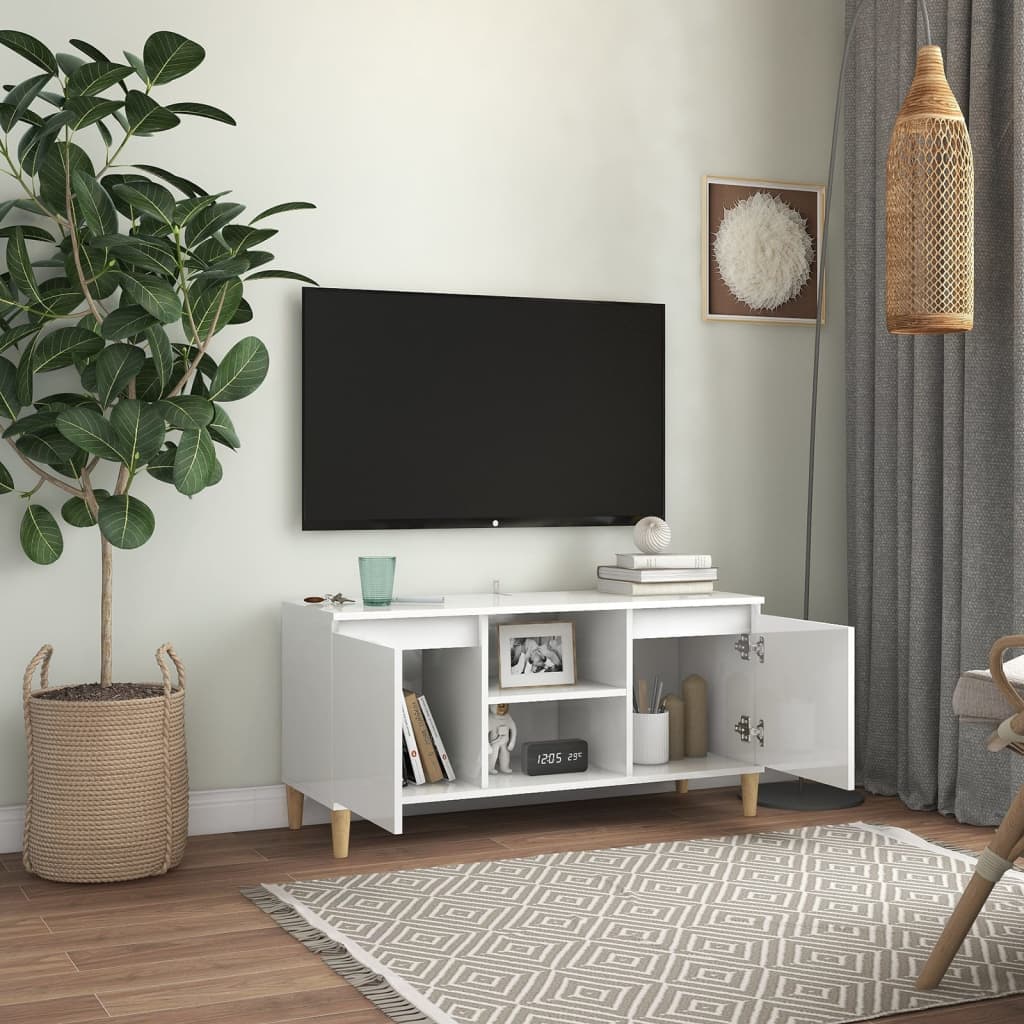 Meuble TV avec pieds en bois massif blanc brillant 103,5x35x50 cm