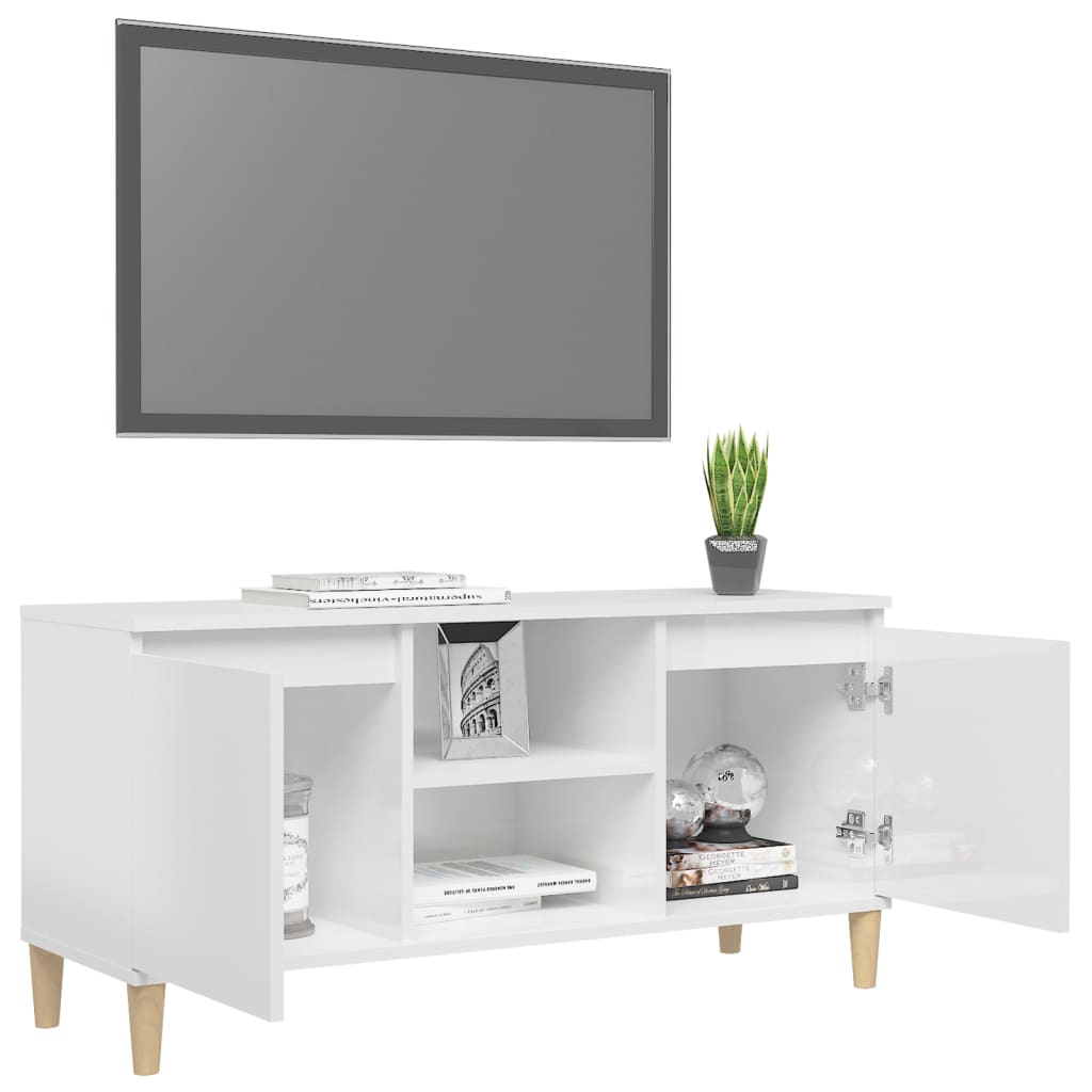Meuble TV avec pieds en bois massif blanc brillant 103,5x35x50 cm
