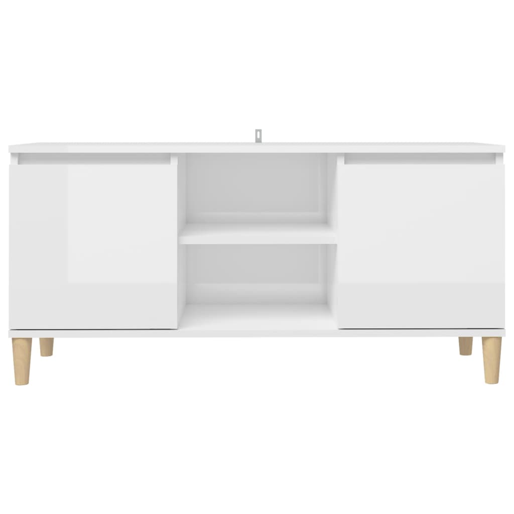 Meuble TV avec pieds en bois massif blanc brillant 103,5x35x50 cm