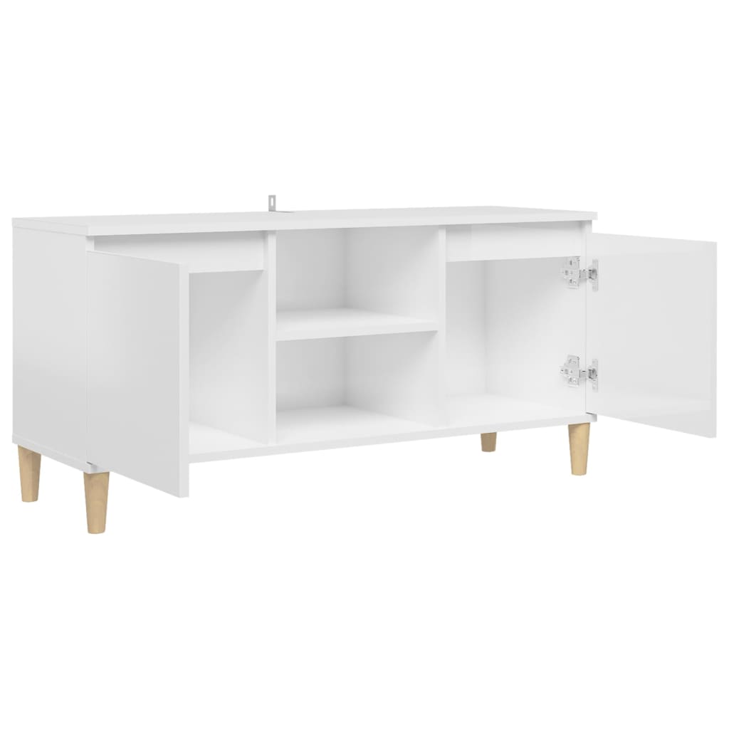 Meuble TV avec pieds en bois massif blanc brillant 103,5x35x50 cm