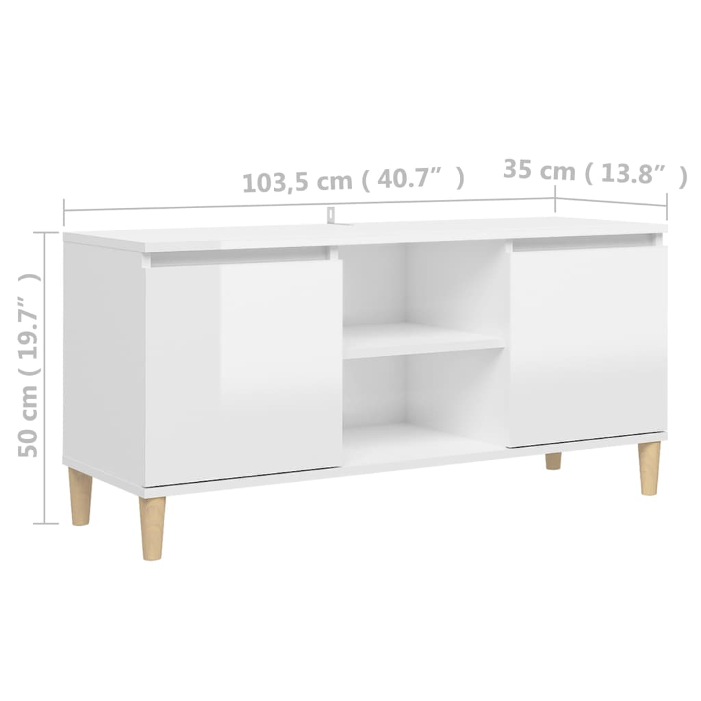 Meuble TV avec pieds en bois massif blanc brillant 103,5x35x50 cm