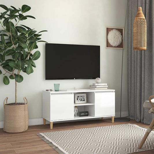 Meuble TV avec pieds en bois massif blanc brillant 103,5x35x50 cm