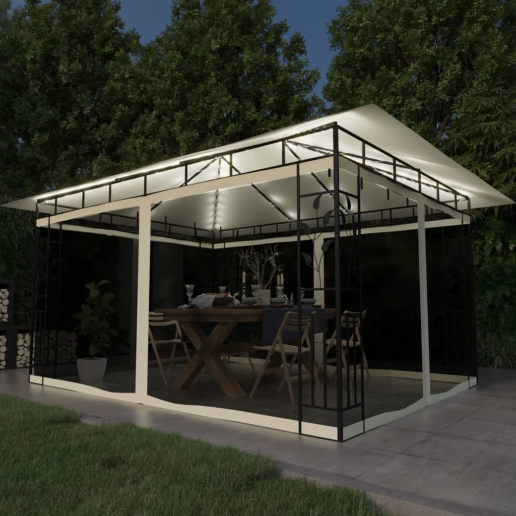 Pavillon mit Moskitonetz & LED-Lichterkette 4x3x2,73m Cremeweiß