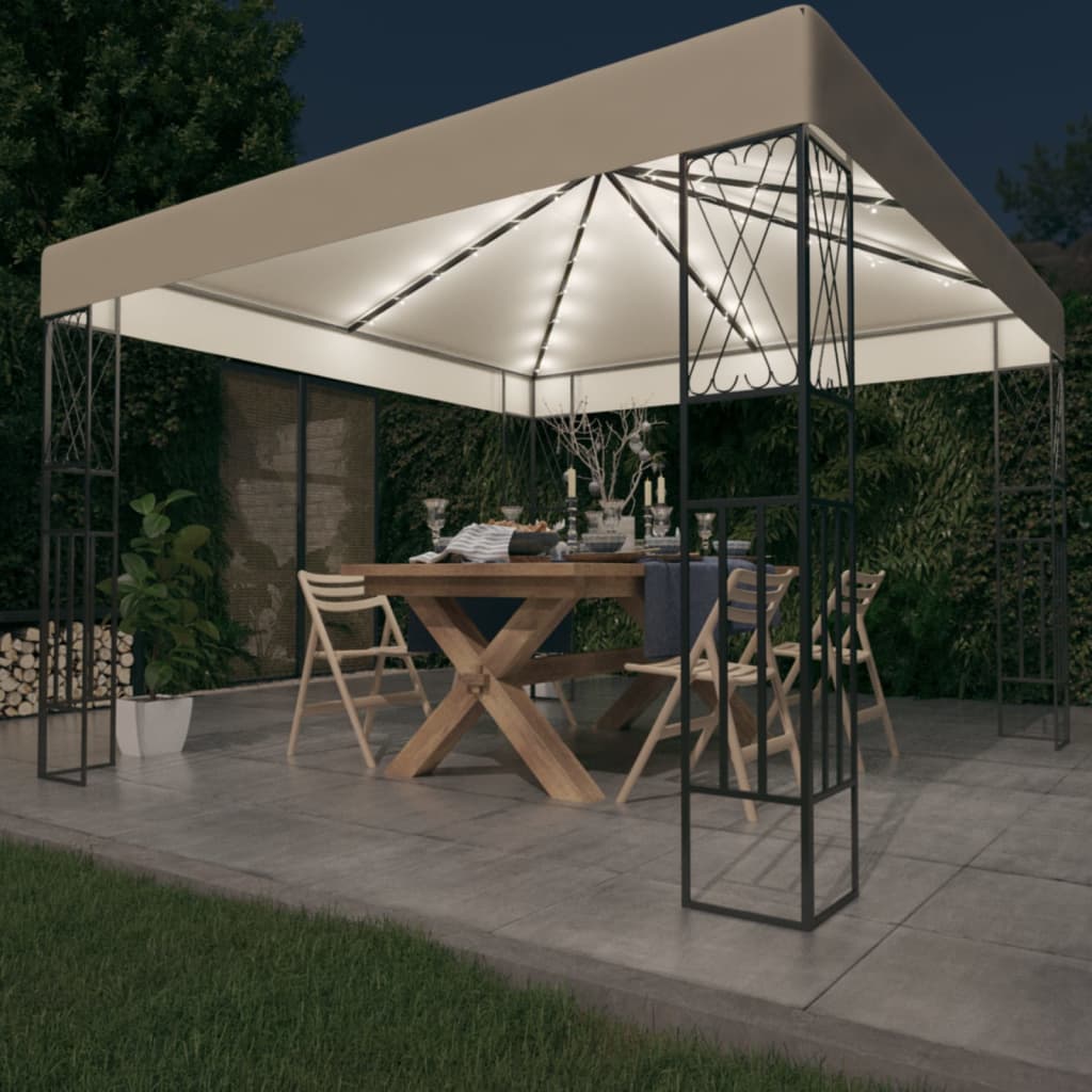 Pavillon mit LED-Lichterkette 3x3 m Creme Stoff