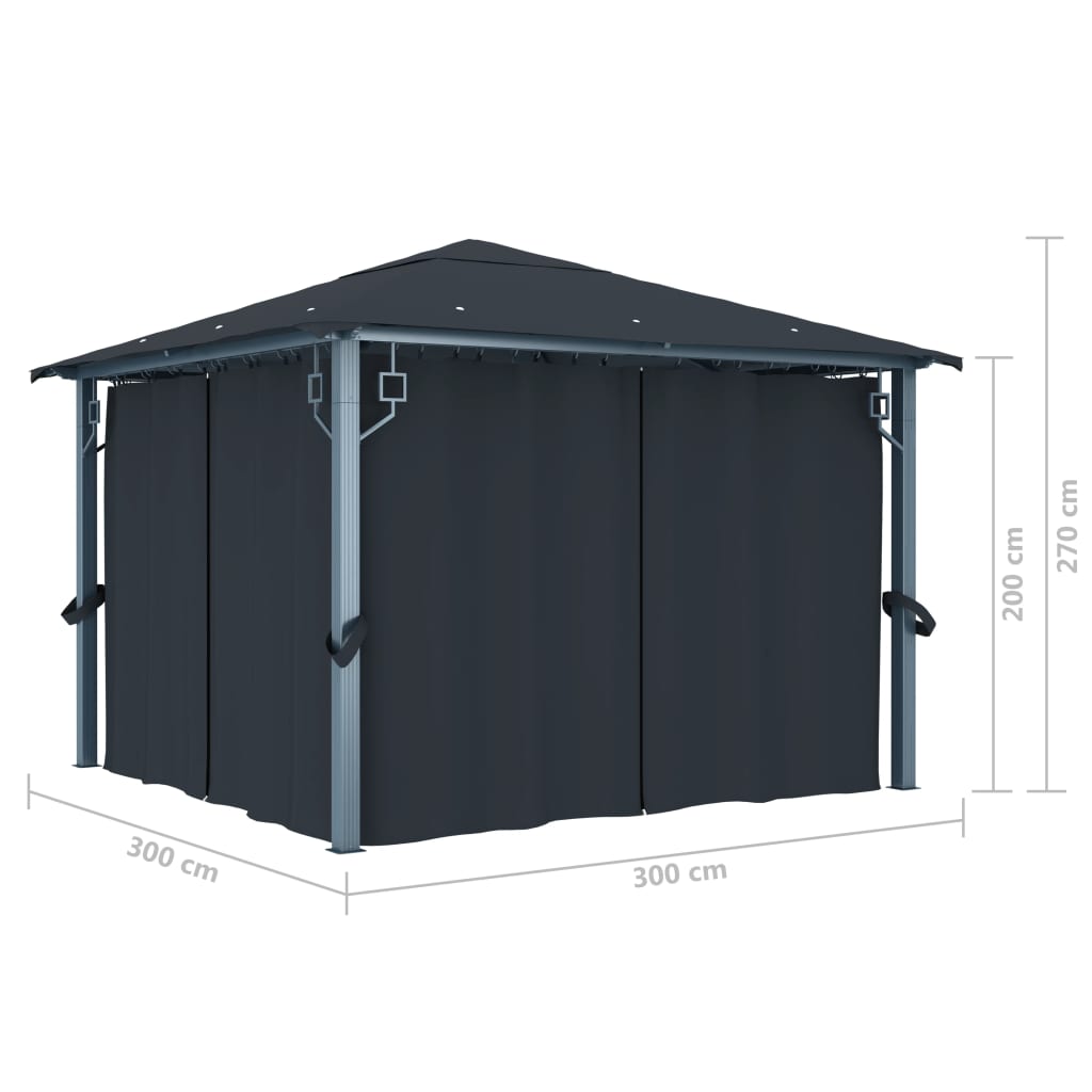 Pavillon mit Vorhängen & LED-Lichterkette 3x3 m Anthrazit Alu