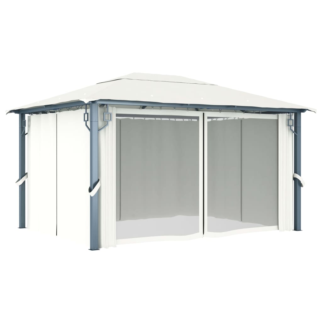 Pavillon mit Vorhängen & LED-Lichterkette 400x300 cm Creme Alu