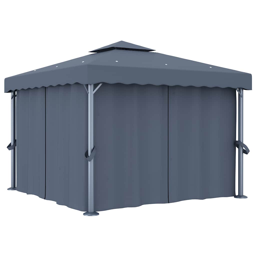 Pavillon mit Vorhängen & LED-Lichterkette 3x3 m Anthrazit