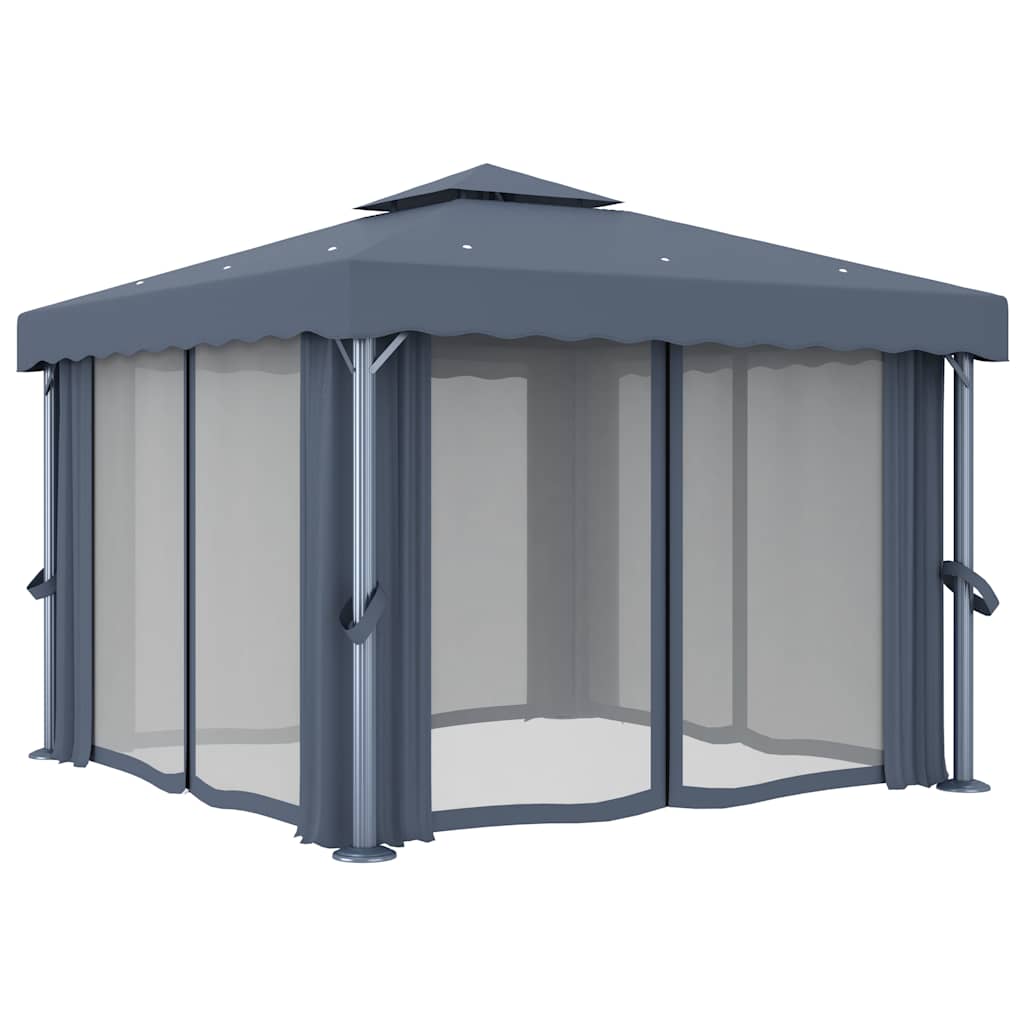 Pavillon mit Vorhängen & LED-Lichterkette 3x3 m Anthrazit