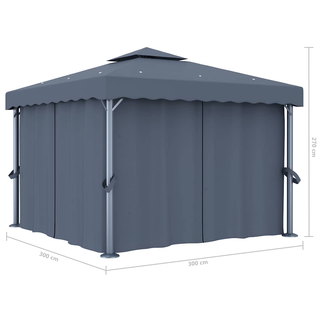 Pavillon mit Vorhängen & LED-Lichterkette 3x3 m Anthrazit