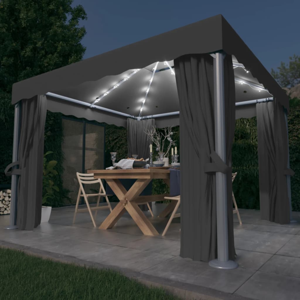 Pavillon mit Vorhängen & LED-Lichterkette 3x3 m Anthrazit