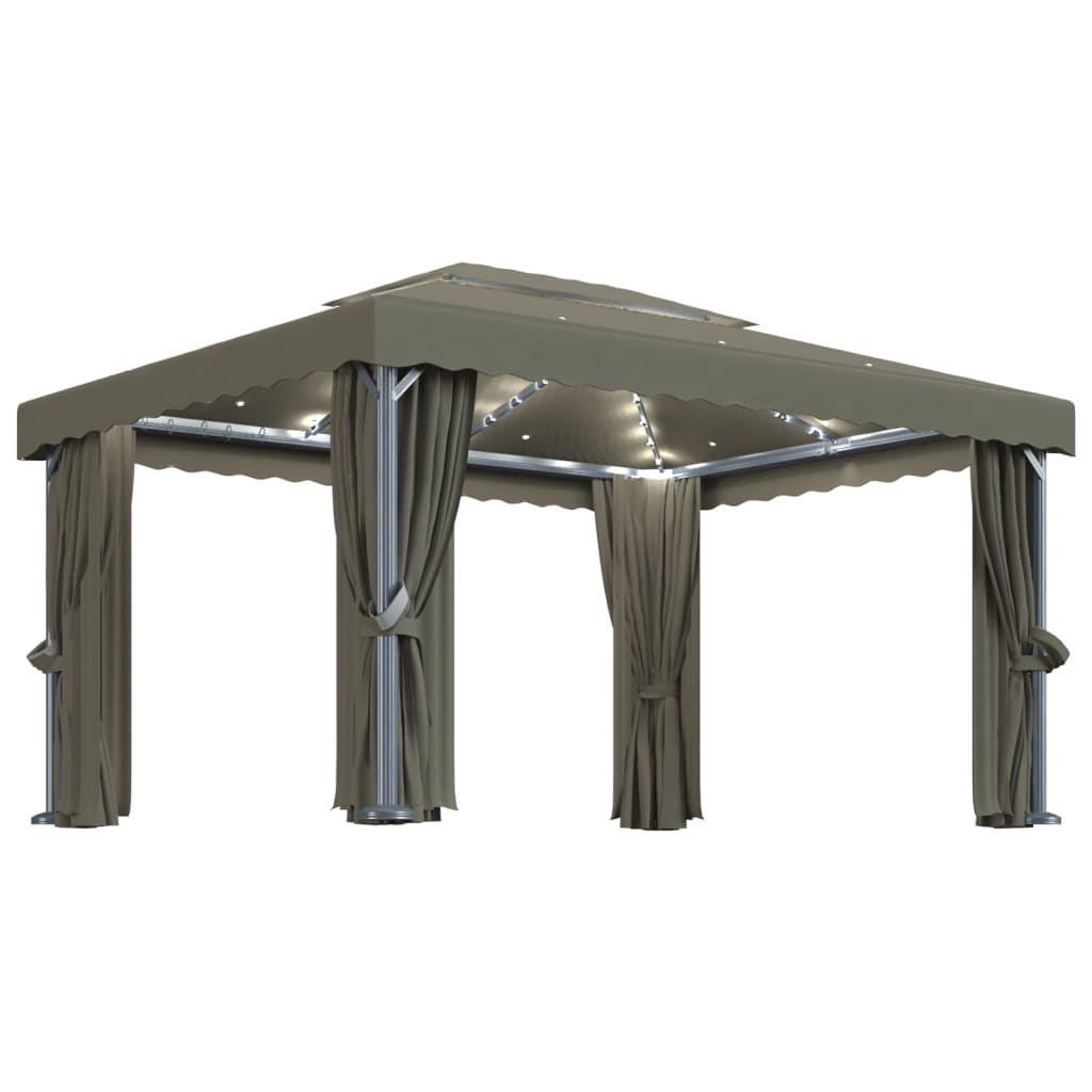 Gazebo avec rideaux et guirlande lumineuse LED 4x3 m Taupe