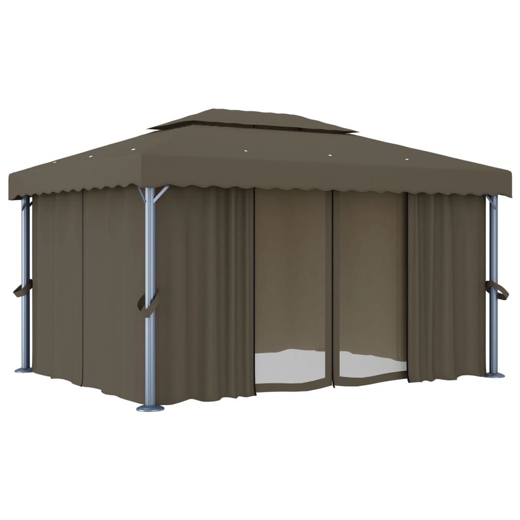 Gazebo avec rideaux et guirlande lumineuse LED 4x3 m Taupe