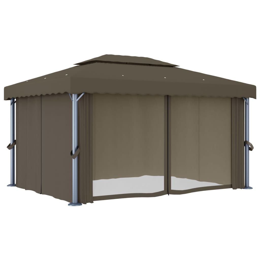 Gazebo avec rideaux et guirlande lumineuse LED 4x3 m Taupe