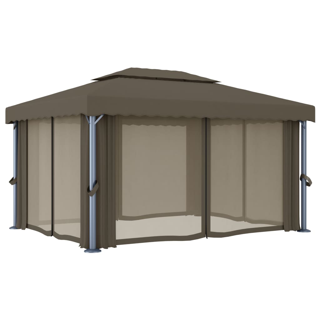 Gazebo avec rideaux et guirlande lumineuse LED 4x3 m Taupe