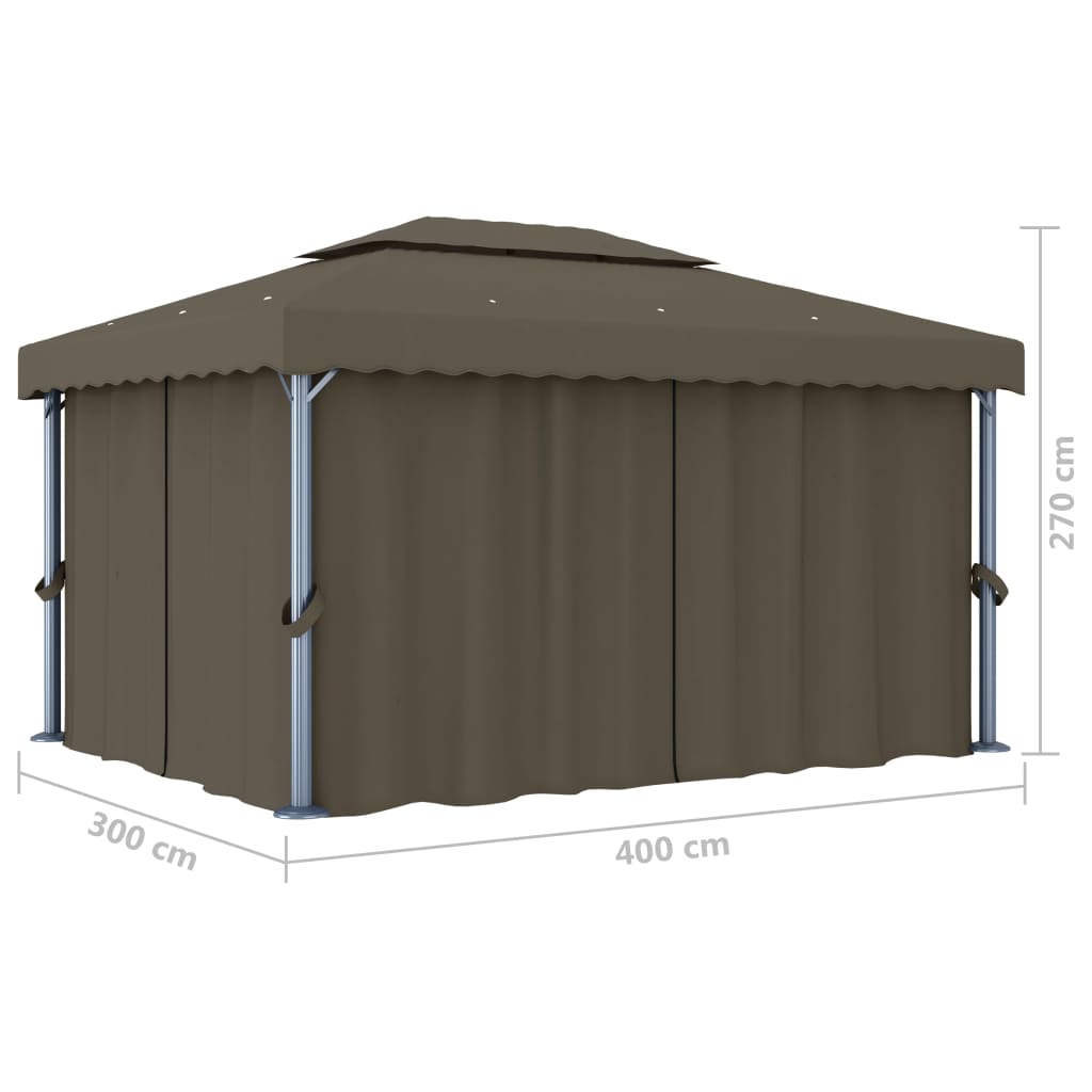 Gazebo avec rideaux et guirlande lumineuse LED 4x3 m Taupe