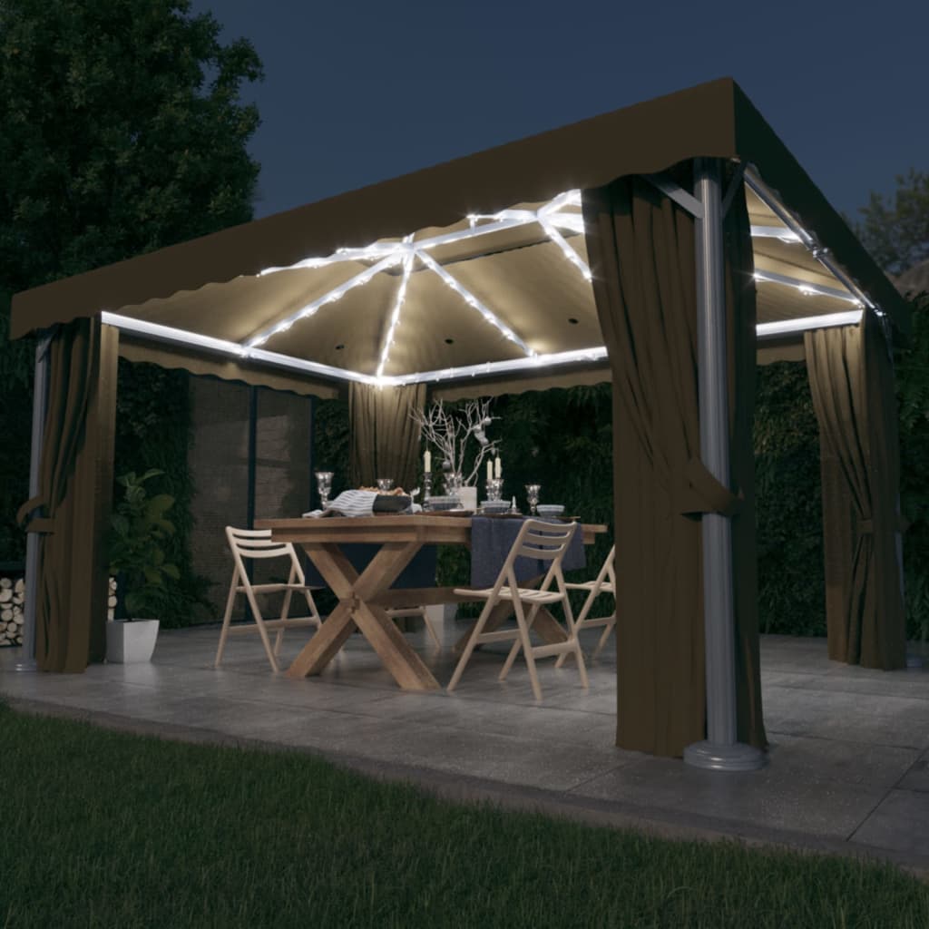 Gazebo avec rideaux et guirlande lumineuse LED 4x3 m Taupe
