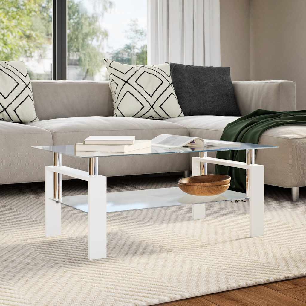 Table basse blanche transparente 95x55x40 cm en verre trempé