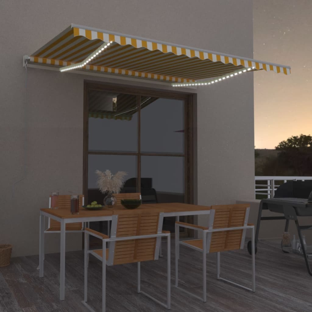 Markise Manuell Einziehbar mit LED 450x300 cm Gelb und Weiß