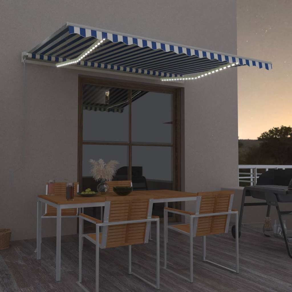 Markise Manuell Einziehbar mit LED 400x350 cm Blau und Weiß