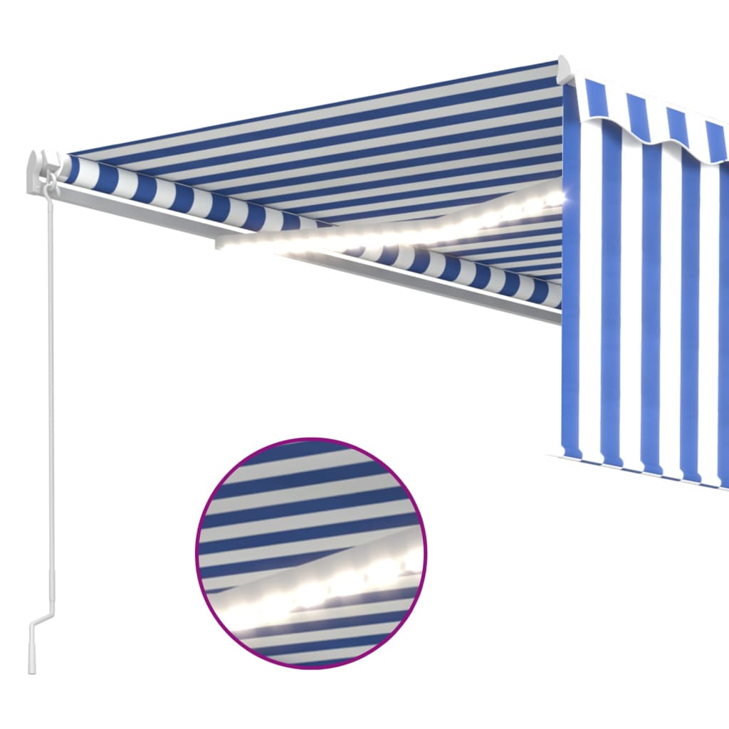 Markise Manuell Einziehbar mit Rollo & LED 4,5x3 m Blau & Weiß
