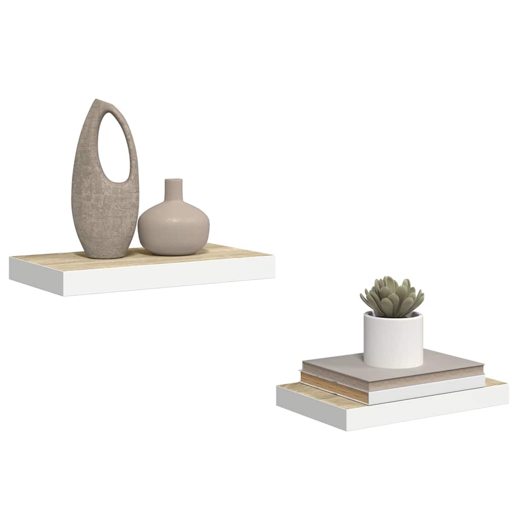 Schweberegale 2 Stk. Eichen-Optik und Weiß 50x23,5x3,8 cm MDF