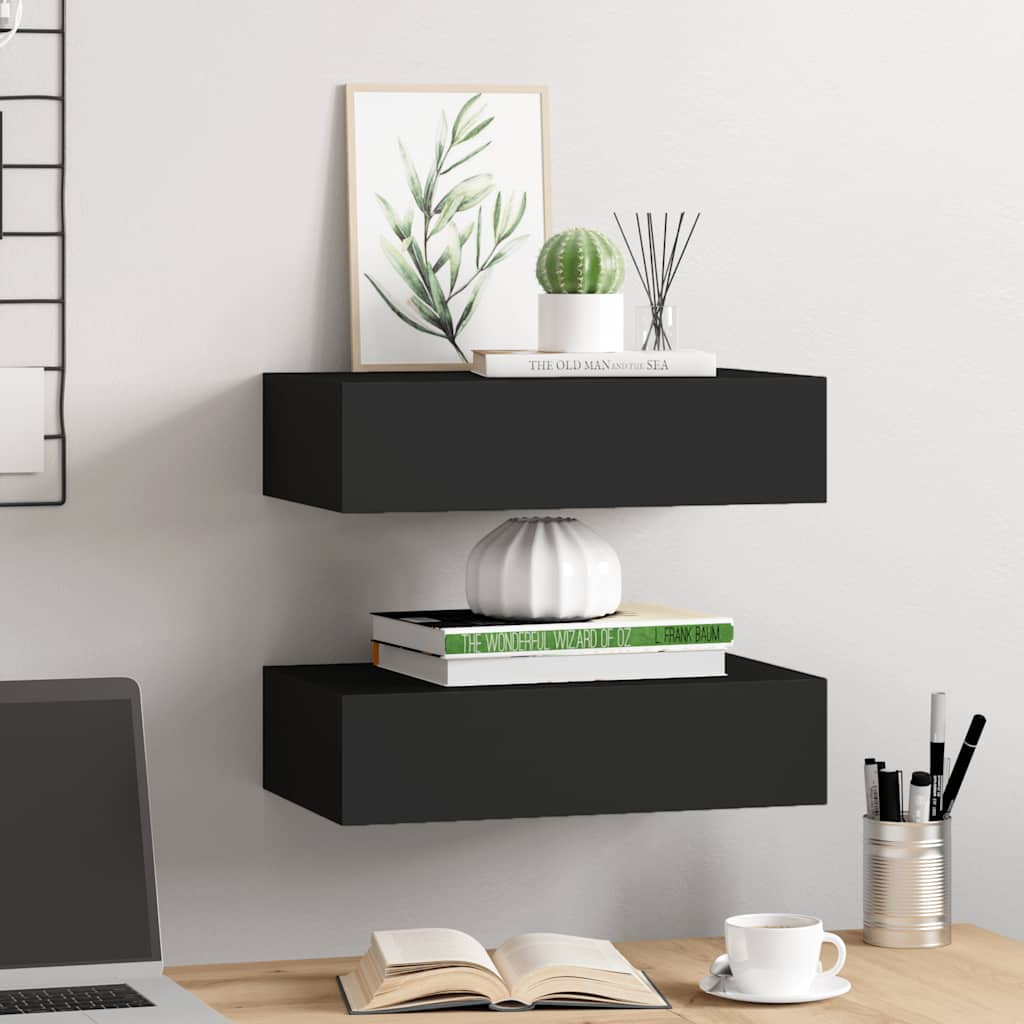 Wandregale mit Schubladen 2 Stk. Schwarz 40x23,5x10 cm MDF