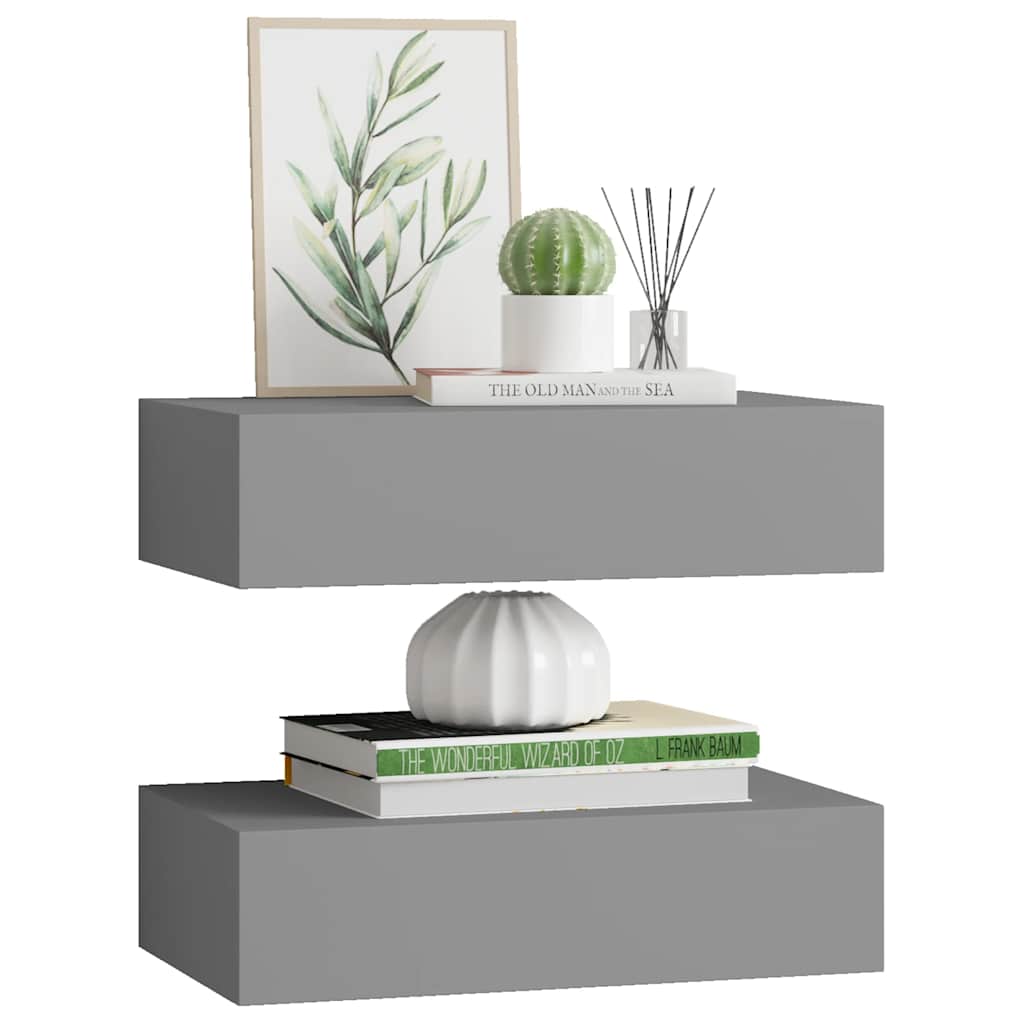 Wall shelves with drawers 2 pcs. Grey 40x23.5x10 cm MDF