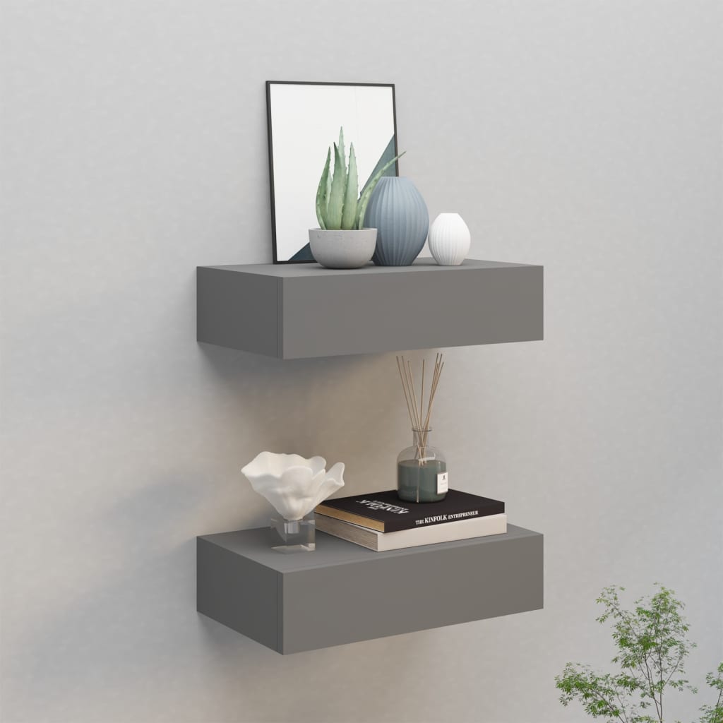Wall shelves with drawers 2 pcs. Grey 40x23.5x10 cm MDF
