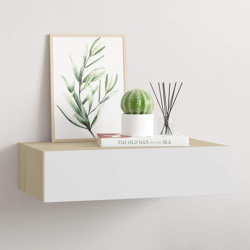 Wandmontiertes Schubladenregal Eiche und Weiß 40 x 23,5 x 10 cm MDF