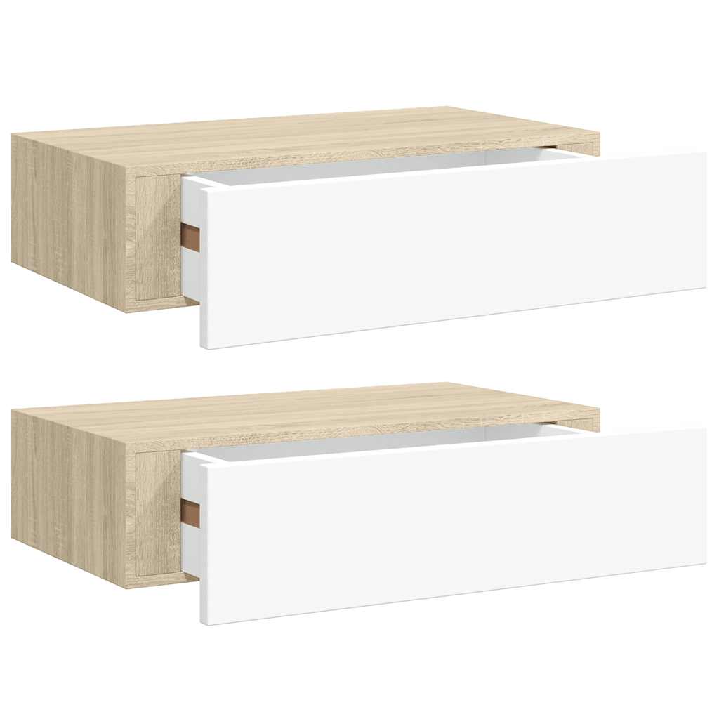 Wall shelves with drawers, 2 pieces, oak look, white, 40 x 23.5 x 10 cm