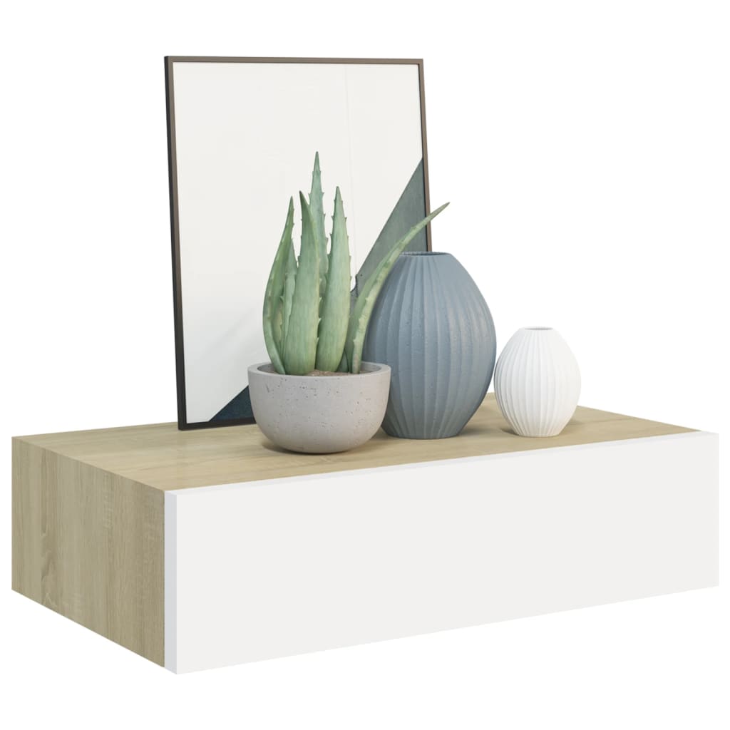 Wall shelves with drawers, 2 pieces, oak look, white, 40 x 23.5 x 10 cm